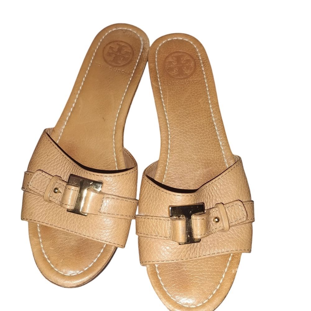 Tory Burch Beige Leather Slide Mules with Gold Hardware Size 8M